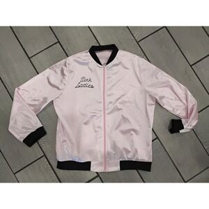 Grease Pink Ladies Satin Bomber Jacket Rhinestone Accents XL Pink Black Zip Up